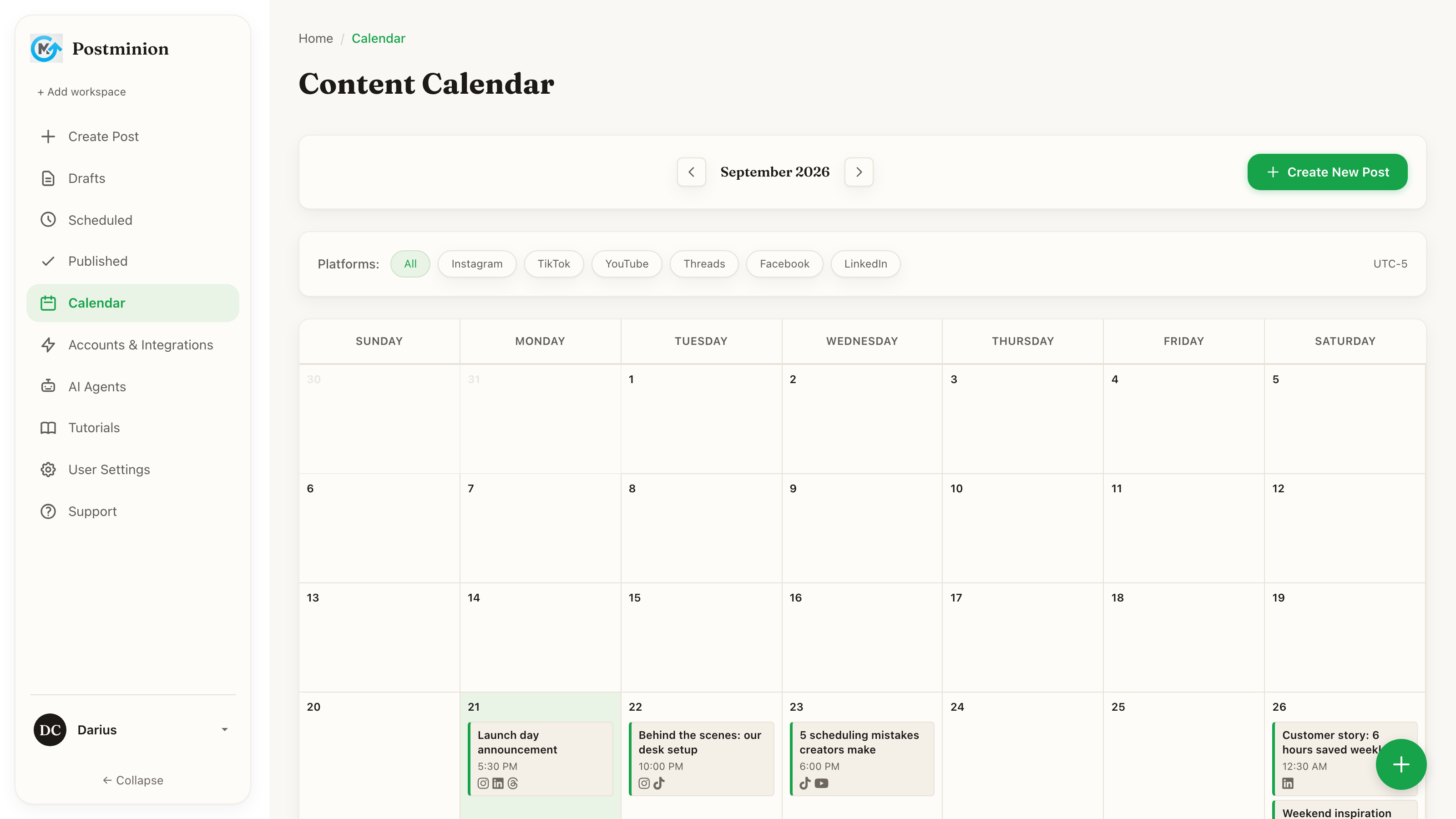 Postminion content calendar with posts scheduled across Instagram, TikTok, YouTube, Threads, and LinkedIn